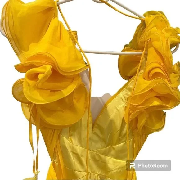 NWT Mac Duggal 67911 Yellow Ruffle Chiffon Cutout Maxi Dress size 0